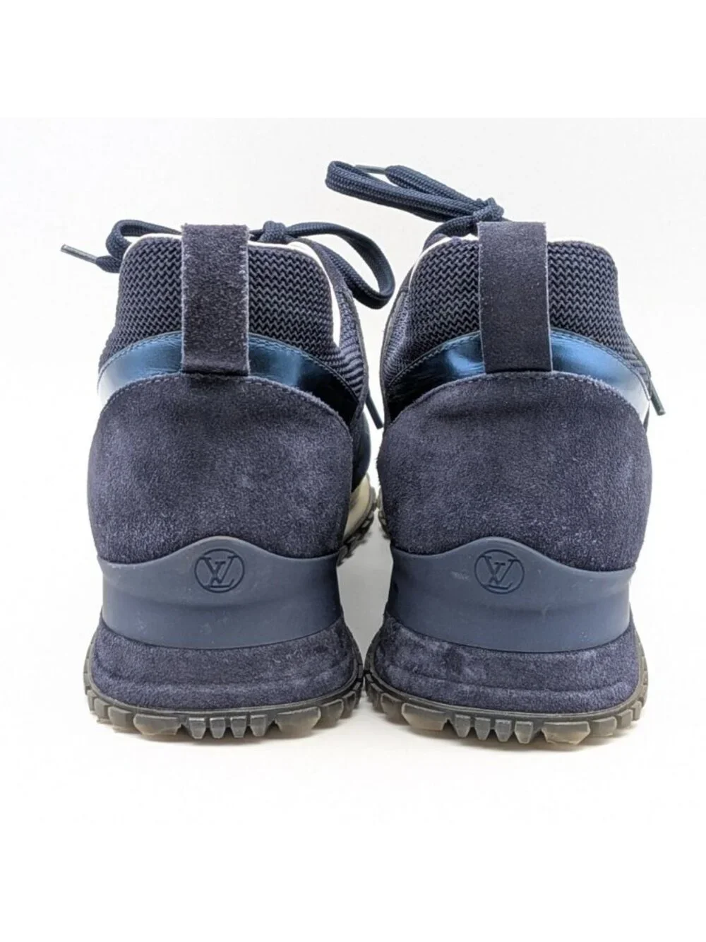 Louis Vuitton Run Away Line Navy Suede Mesh LV Logo Sneakers in Heels